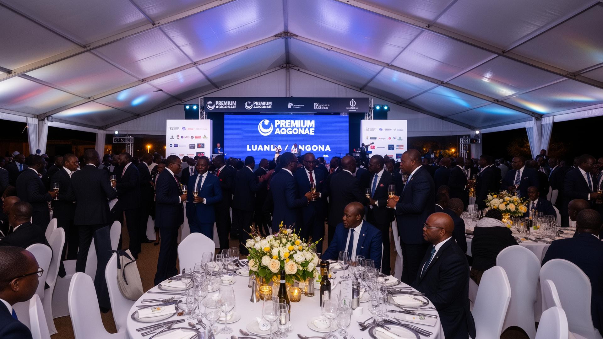 Tenda corporativa Nus Eventus iluminada à noite em Luanda