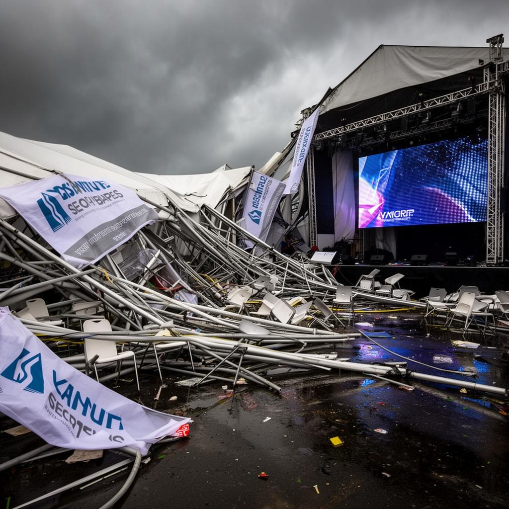 Tenda mal montada que colapsou durante a chuva