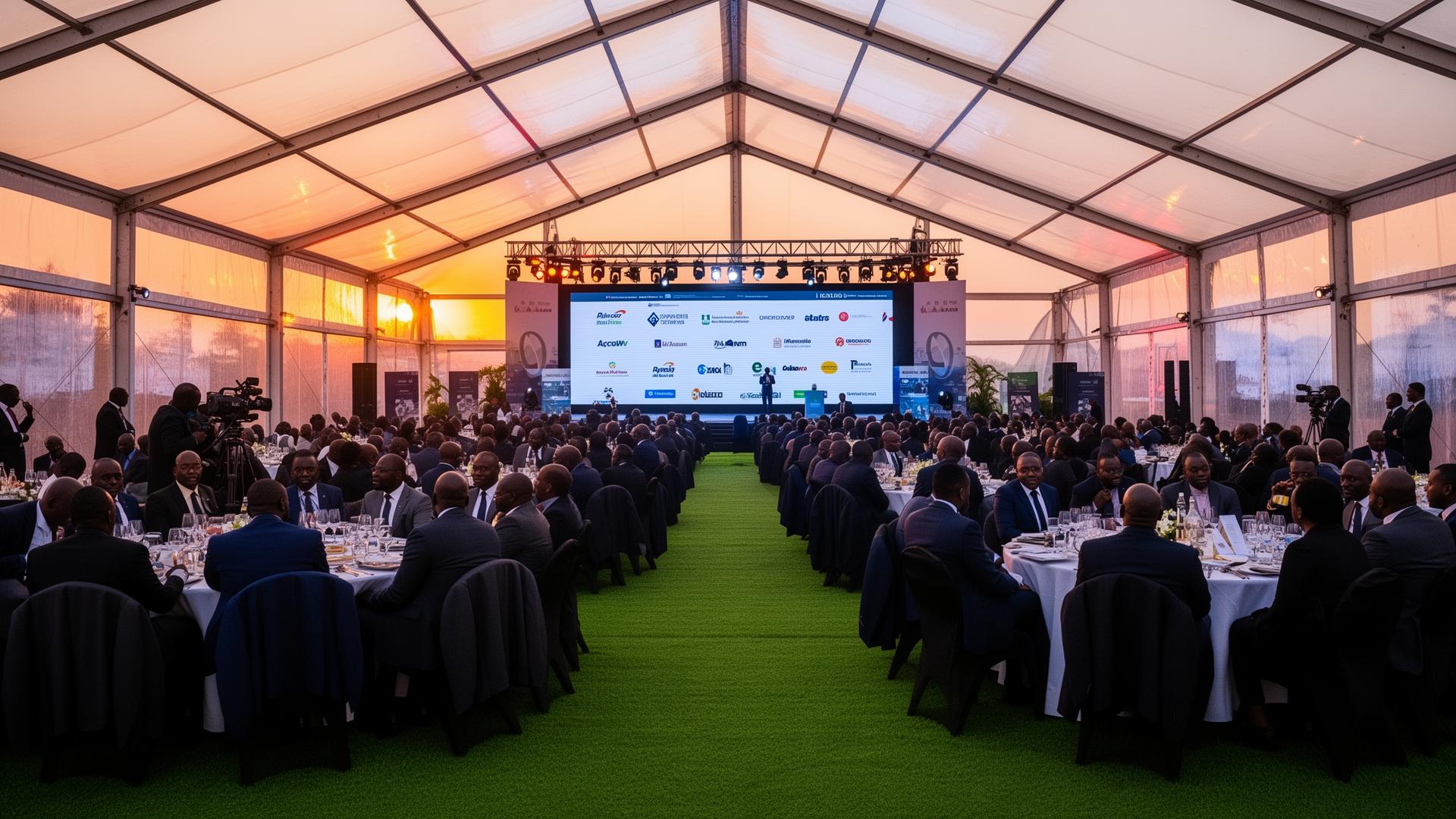 Gala corporativa em tenda Nus Eventus ao pôr-do-sol