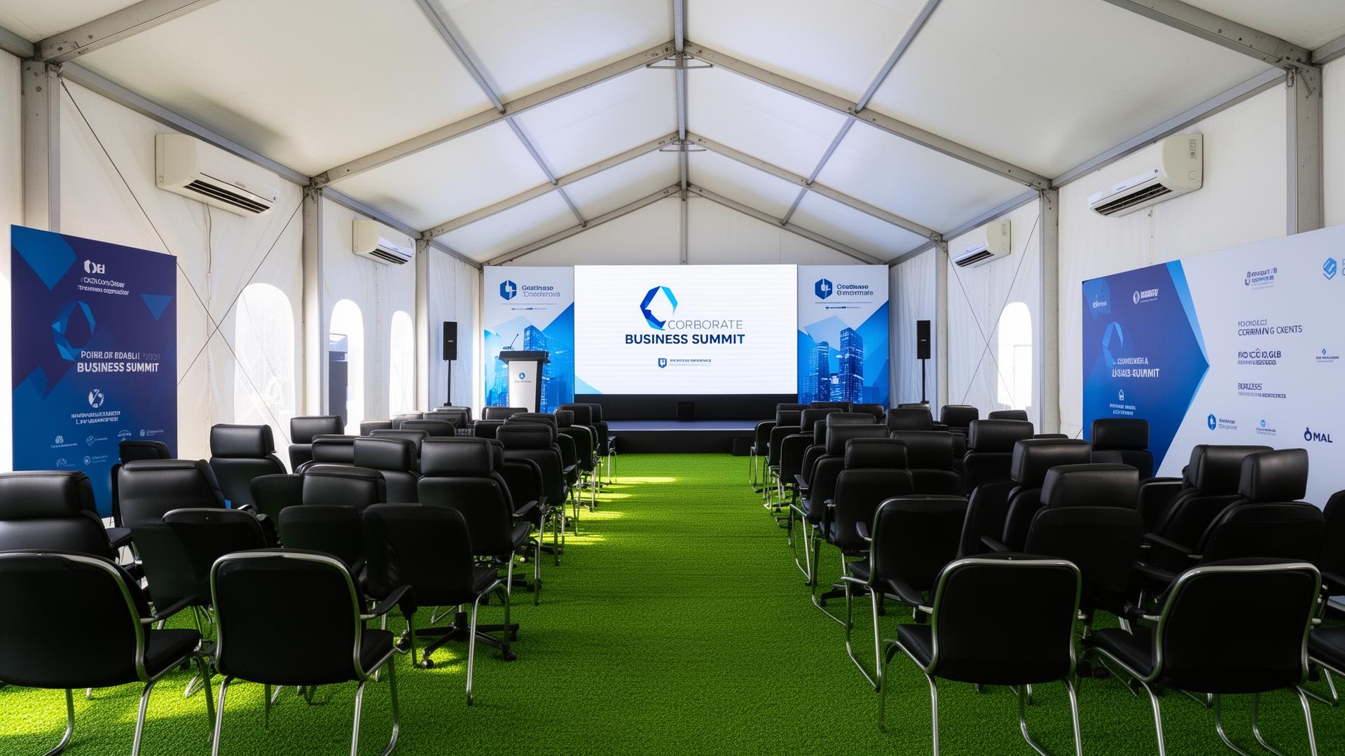 Interior de tenda corporativa com ar condicionado e relva artificial