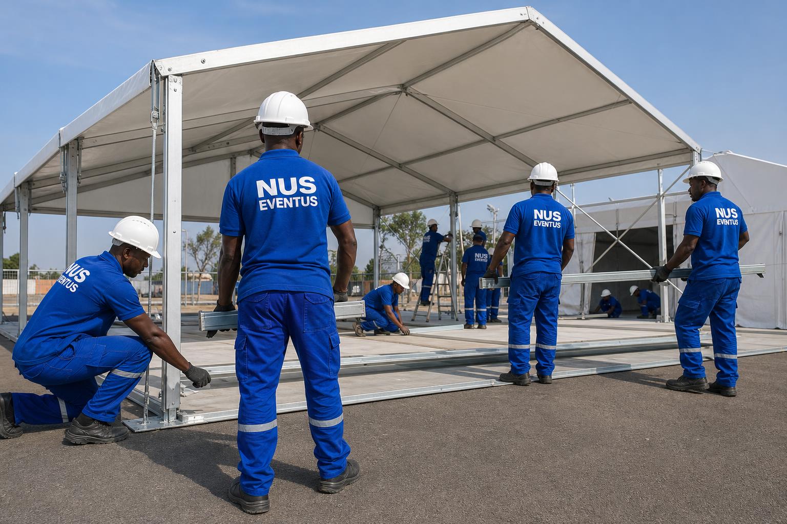 Equipa angolana da Nus Eventus a montar tenda corporativa